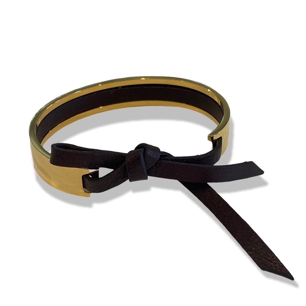 Gold Cuff Bracelet with Brown Leather Tie Strap